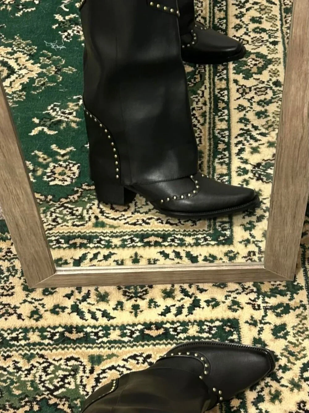 Women's Black Polyurethane (PU) Studded Fold Over Knee High Chunky Heel Boot